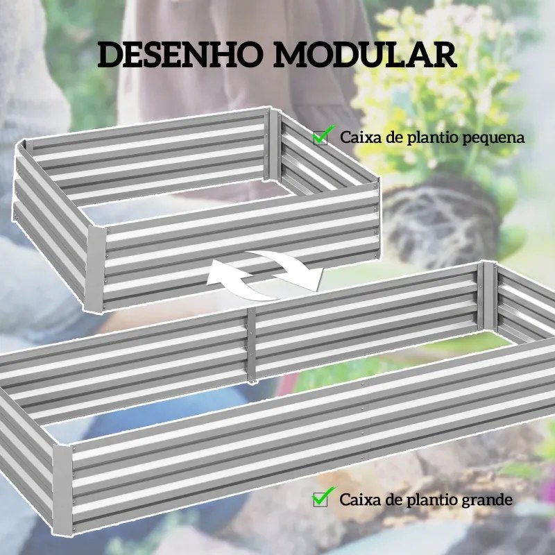 Floreira Exterior Grande Retangular em Aço Galvanizado 241x90,5x30 cm para Terraço com Fundo Aberto Prata
