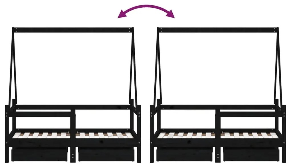 Estrutura cama infantil c/ gavetas 70x140 cm pinho maciço preto