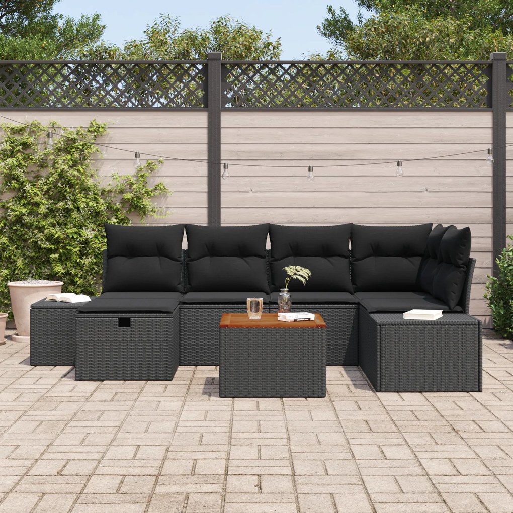 Conjunto de Sofá de Jardim de 7 Peças com Almofadas Preto Rattan Sinté