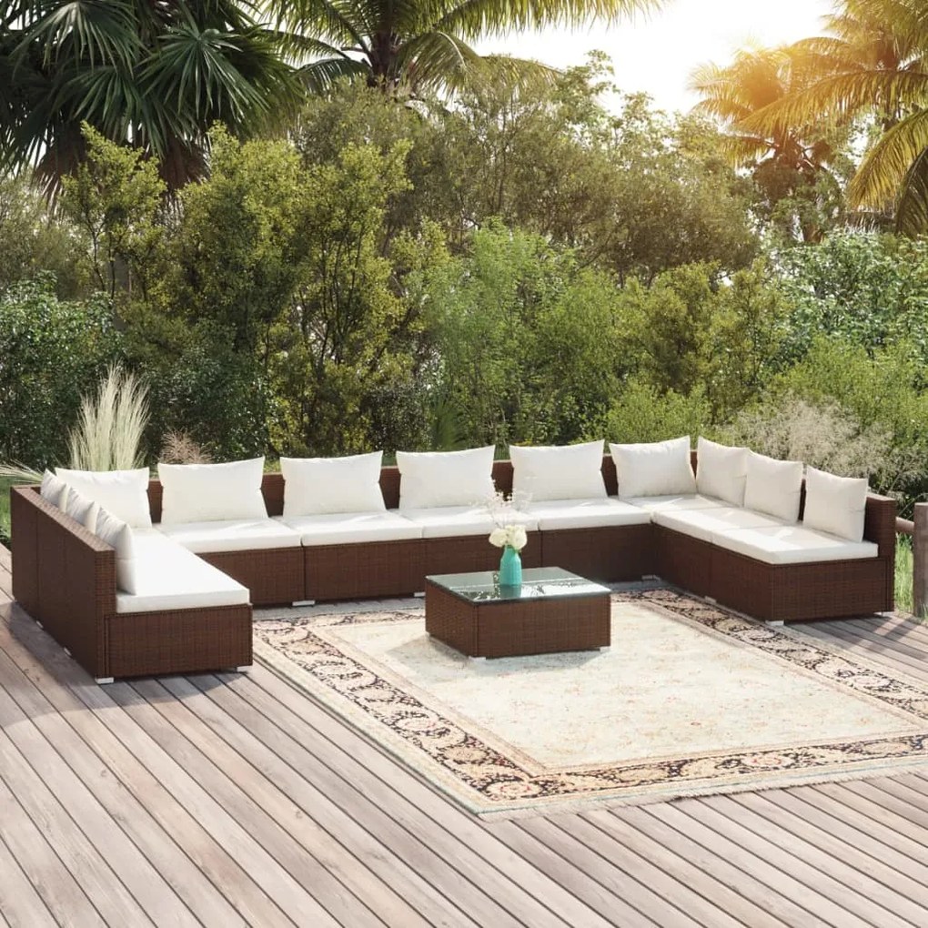 vidaXL 11 pcs conjunto lounge jardim c/ almofadões vime PE castanho
