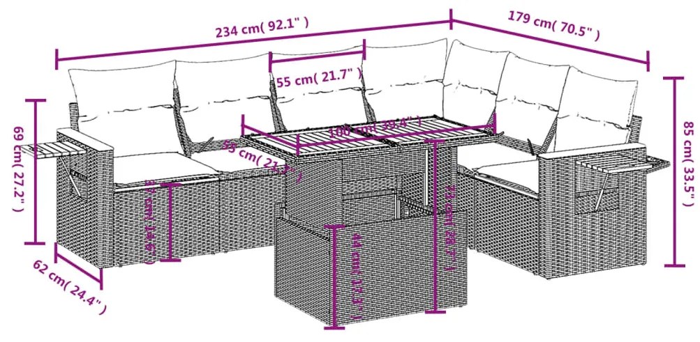 7 pcs conjunto de sofás p/ jardim c/ almofadões vime PE preto
