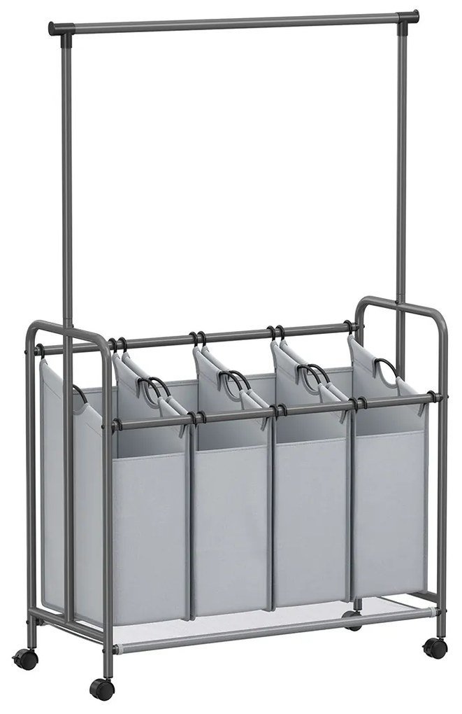 Separador de roupas SONGMICS de 4 seções, cesto de roupas com rodinhas e barra para pendurar, cesto de roupas resistente, cestos com rodas com trava para roupas, 4 x 13,2 gal., cinza RLS44GS