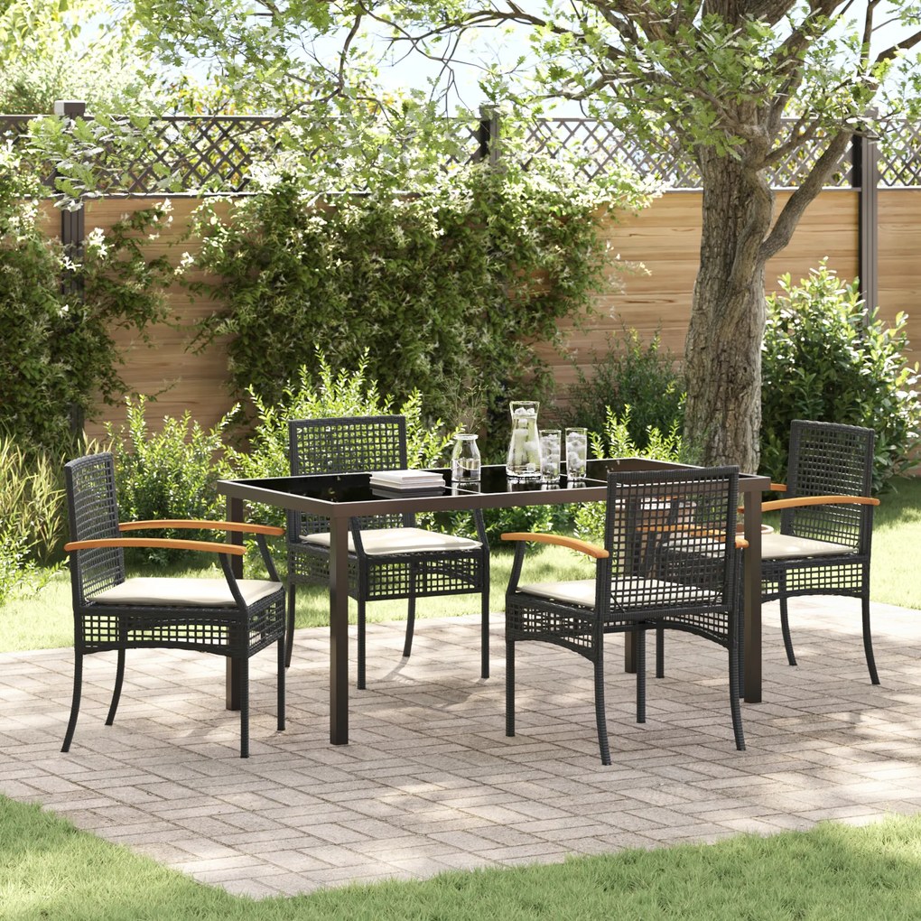 Conjunto de Jantar de Jardim com 5 Peças e Almofadas Preto Vime PE