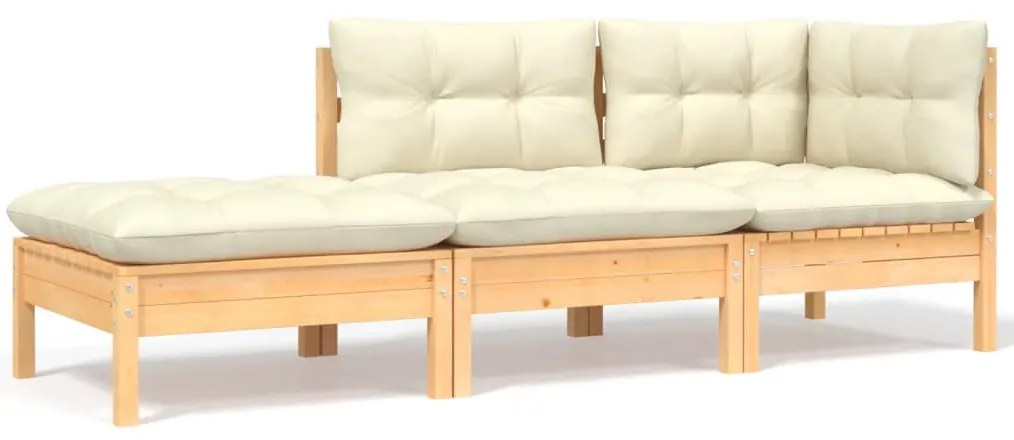 3 pcs conjunto lounge jardim c/ almofadões creme pinho maciço