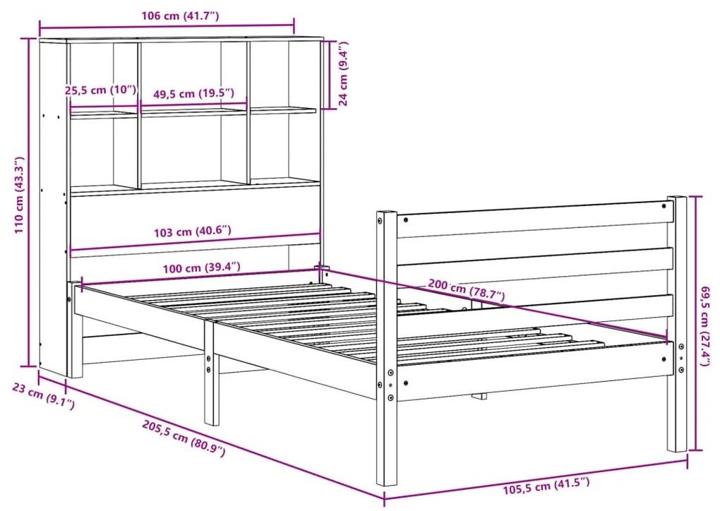Cama com estante sem colchão 100x200 cm pinho maciço