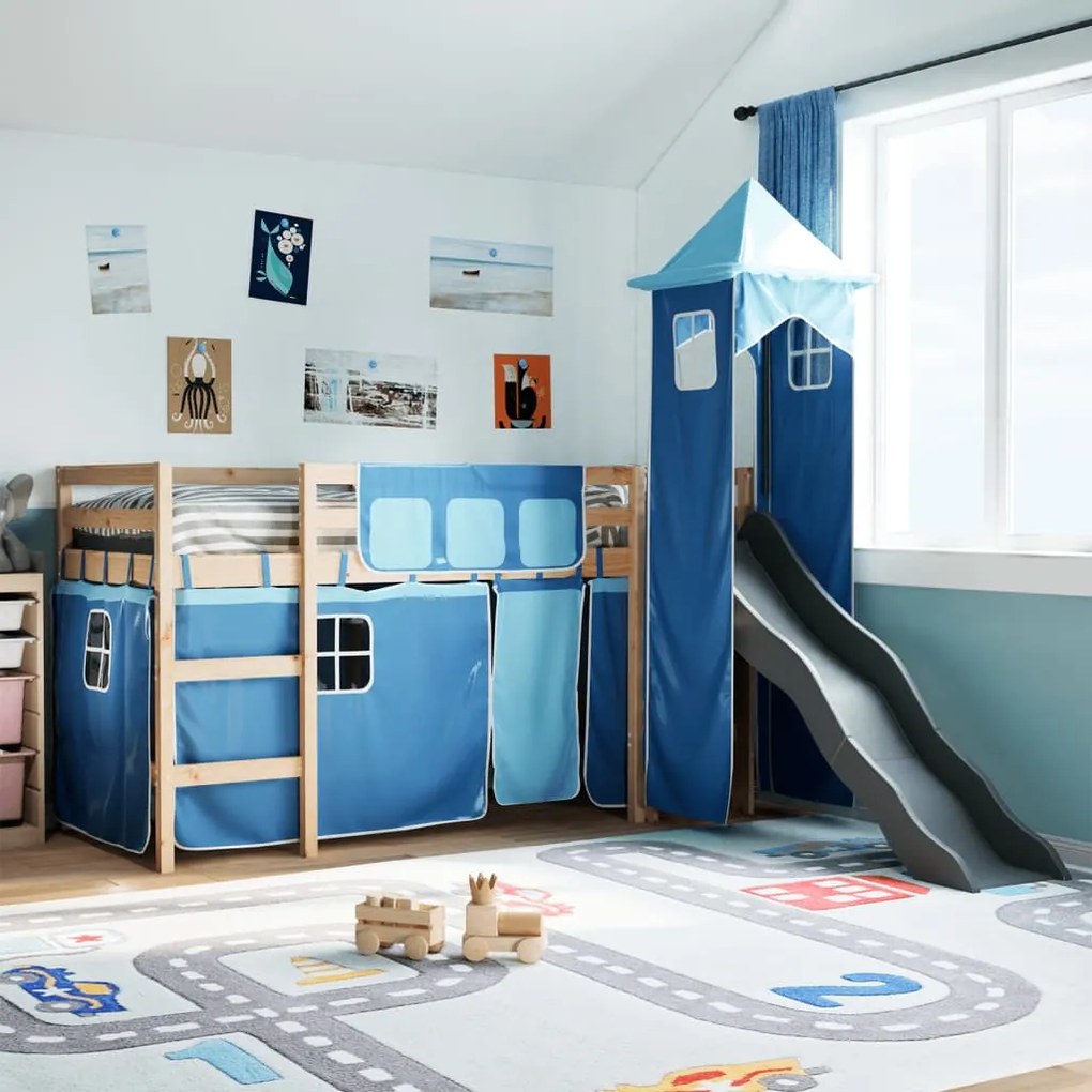 vidaXL Cama alta para criança com torre 80x200 cm pinho maciço azul