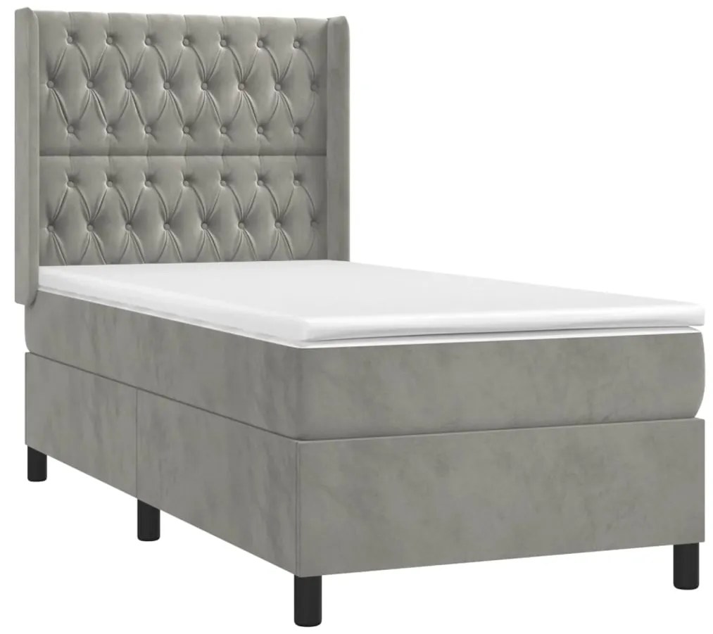 Cama box spring c/ colchão/LED 90x190 cm veludo cinzento-claro