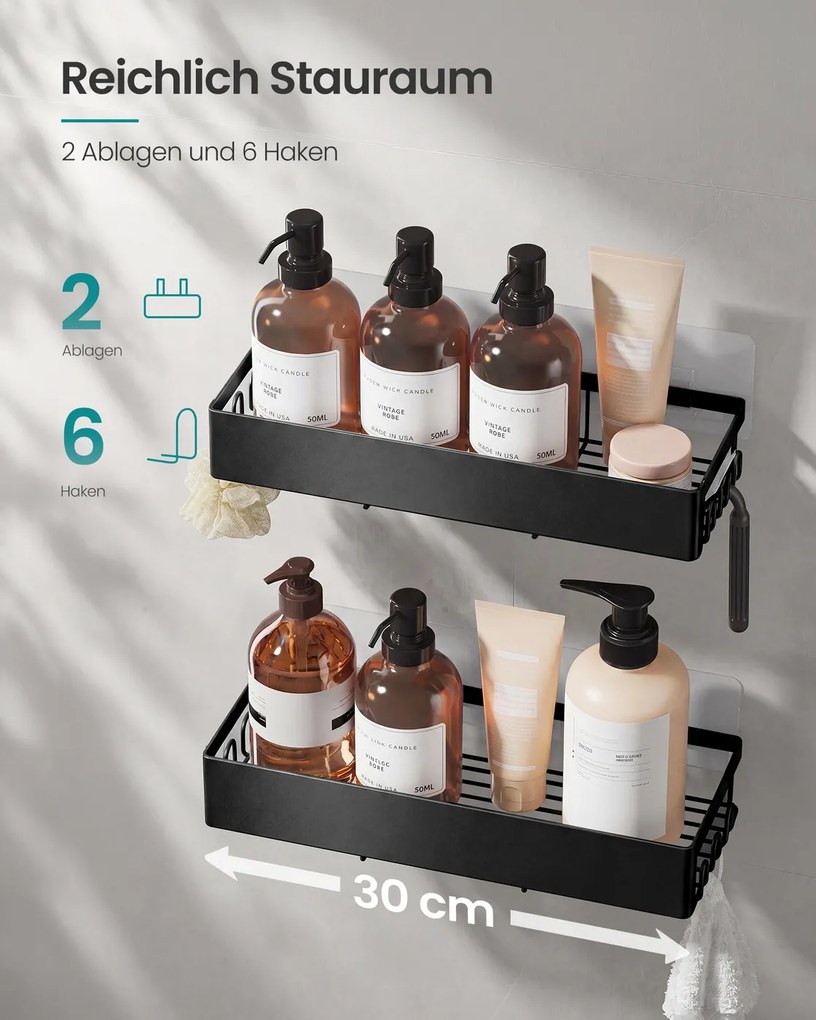 Conjunto 2 Prateleira para o chuveiro, prateleira de casa de banho sem necessidade de perfuração, aço inoxidável Preto