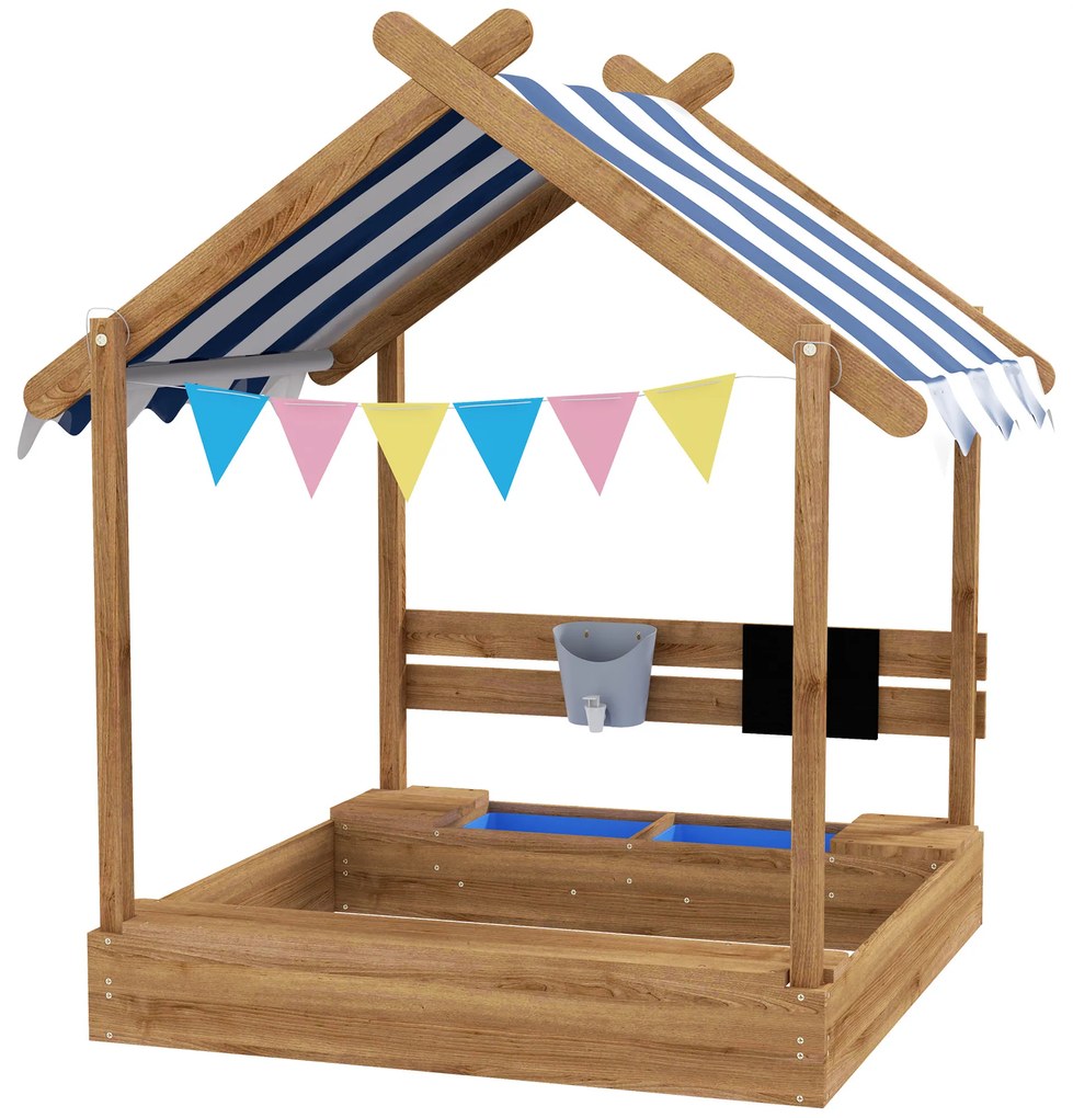 Outsunny Caixa de Areia para Crianças de Madeira com Toldo Torneira e Ardósia para Pátio Jardim 124x116x146 cm Castanho