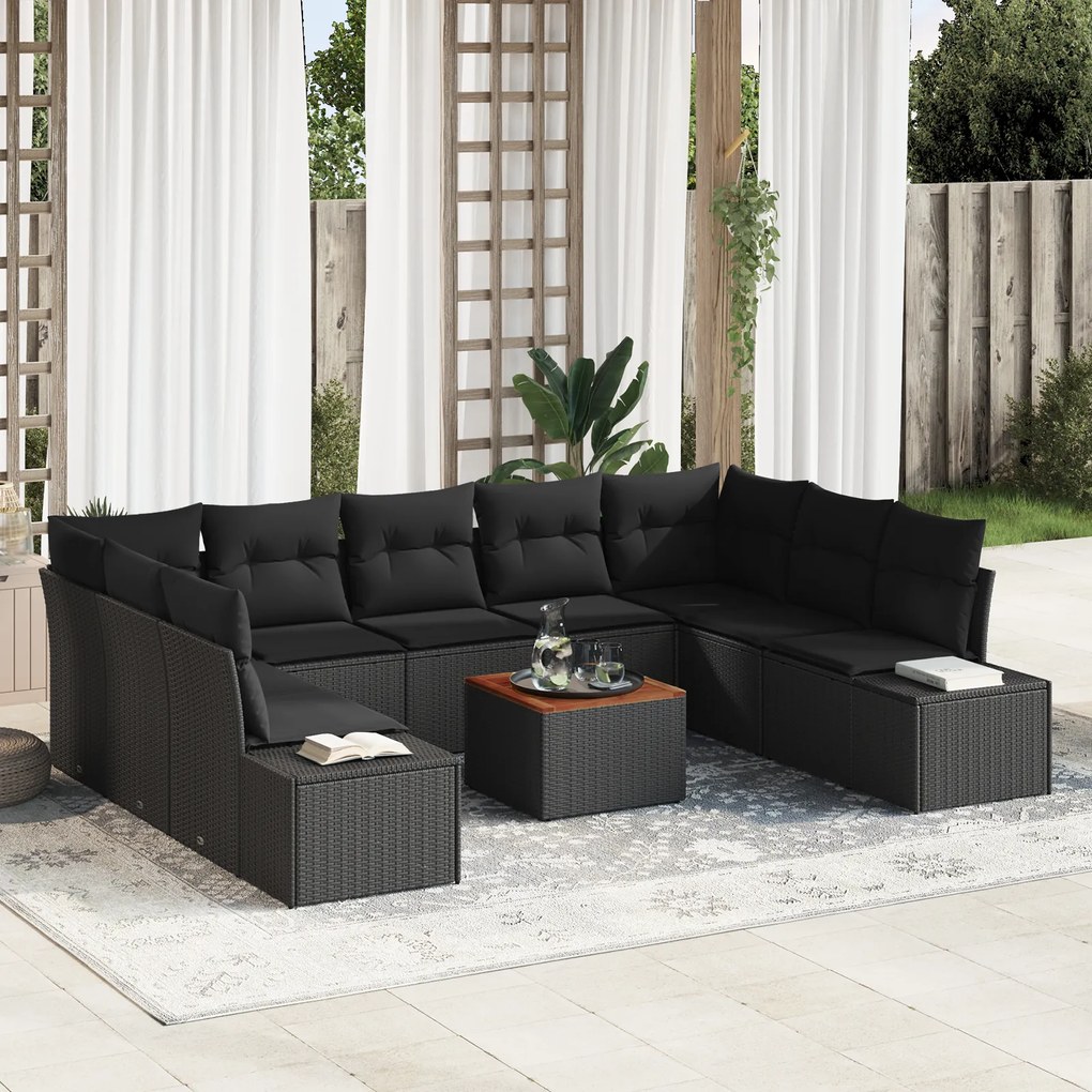 Conjunto de Sofás de Jardim com 10 Peças e Almofadas em Rattan Preto e