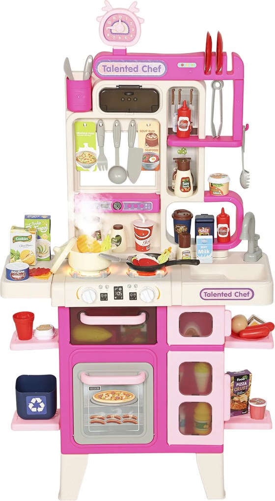 AIYAPLAY Cozinha de Brincar com Luz e Som Cozinha para Crianças com Acessórios Panelas Utensilios e Alimentos Falsos 52,5x22x100 cm Rosa | Aosom Portugal