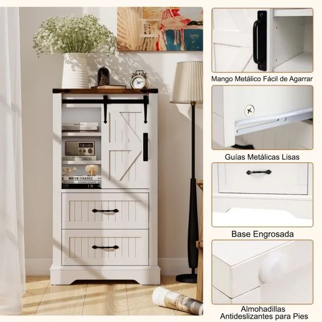 Armário multifuncional cozinha, sala, casa de banho 59 x 29 x 105 cm em estilo rústico com porta deslizante tipo celeiro, prateleiras ajustáveis e 2 g