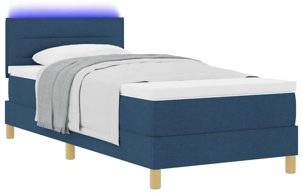 Cama com Caixa de Molas com Colchão &amp; LED Azul 100x200 cm Tecido