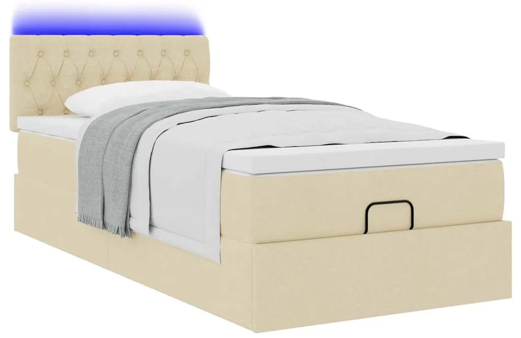 Cama Otomana com colchão &amp; LEDs 90x200 cm tecido creme