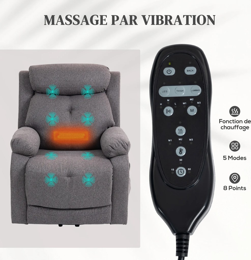 Poltrona elevatória elétrica com função de massagem e aquecimento, poltrona reclinável, portas USB, apoio para os pés, 86 x 94 x 105 cm, cinzenta