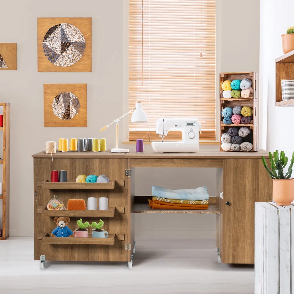 Mesa dobrável de costura rebatível com rodas bloqueáveis e armário com porta 158 x 50 x 75 cm Castanho