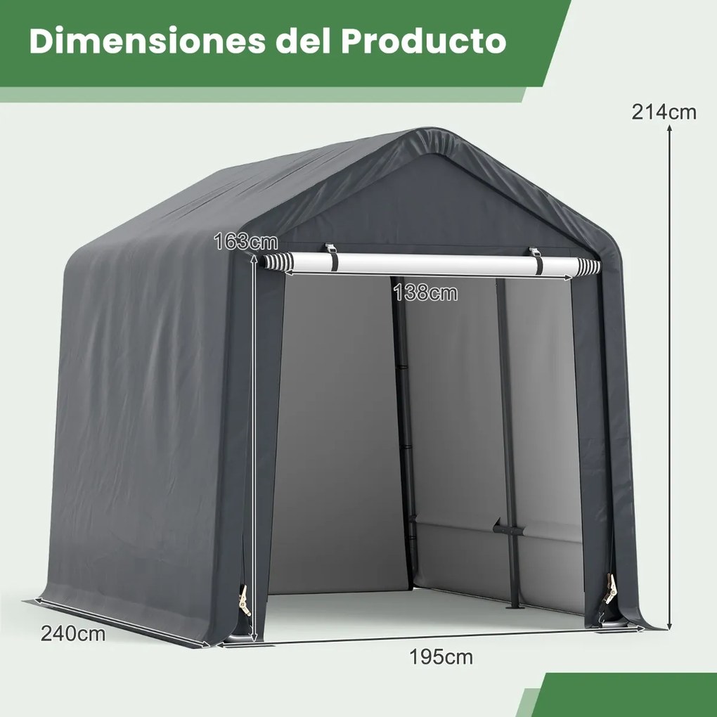 Abrigo de armazenamento exterior Jardim  em lona 240 x 195 x 214 cm portátil com porta Cinzento