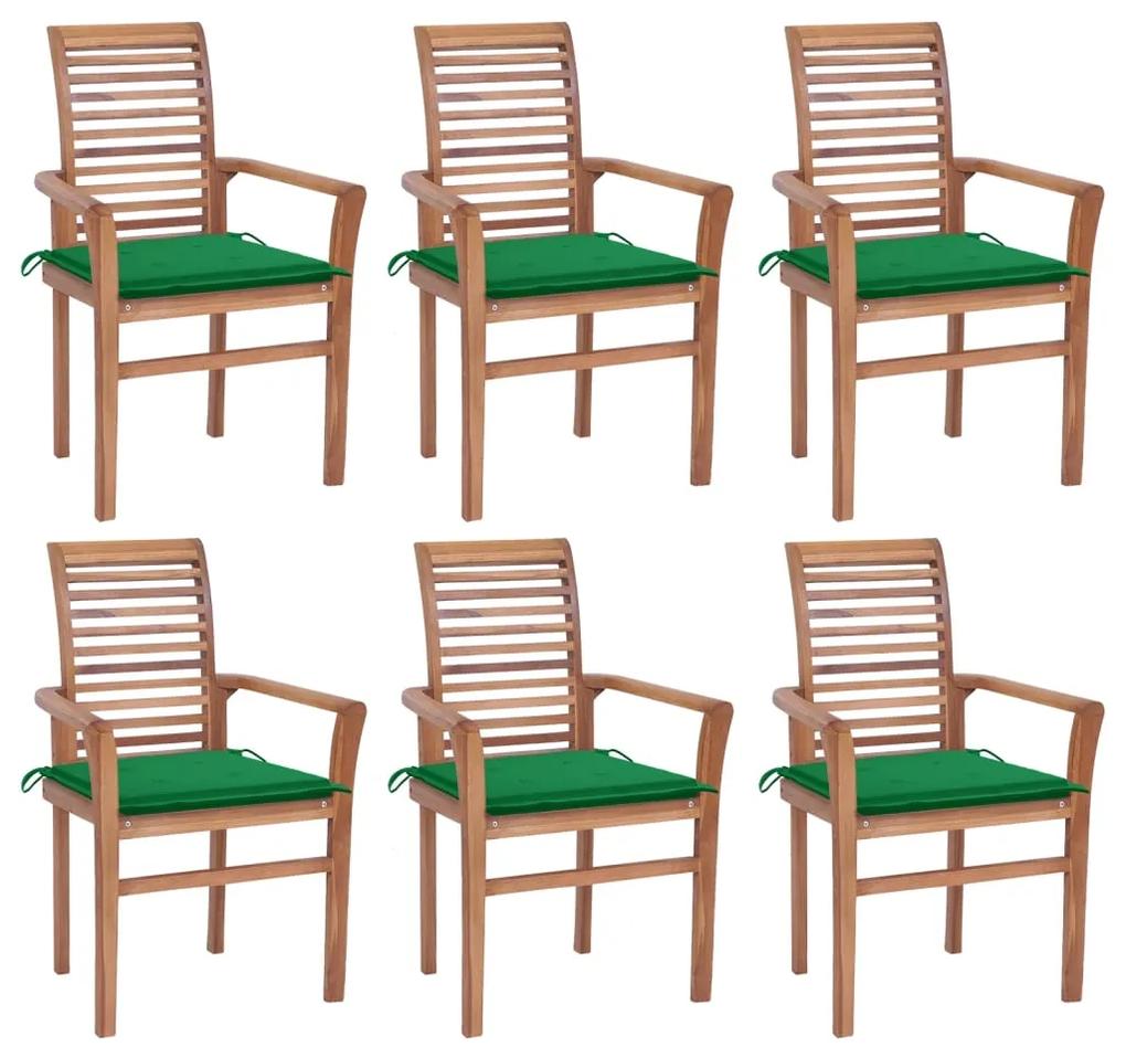 Cadeiras de jantar c/ almofadões verdes 6 pcs teca maciça