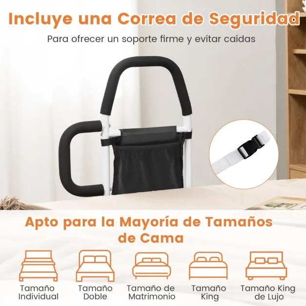 Grade de segurança para cama com corrimão duplo de bolso e cinta de fixação Carga 136 kg 61 x 40 x 64 cm Branco