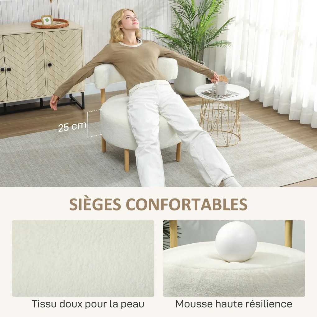Sofá de 1 lugar em tecido bouclé, poltrona de sala estofada com encosto curvo, assento largo, 67 x 67 x 71 cm