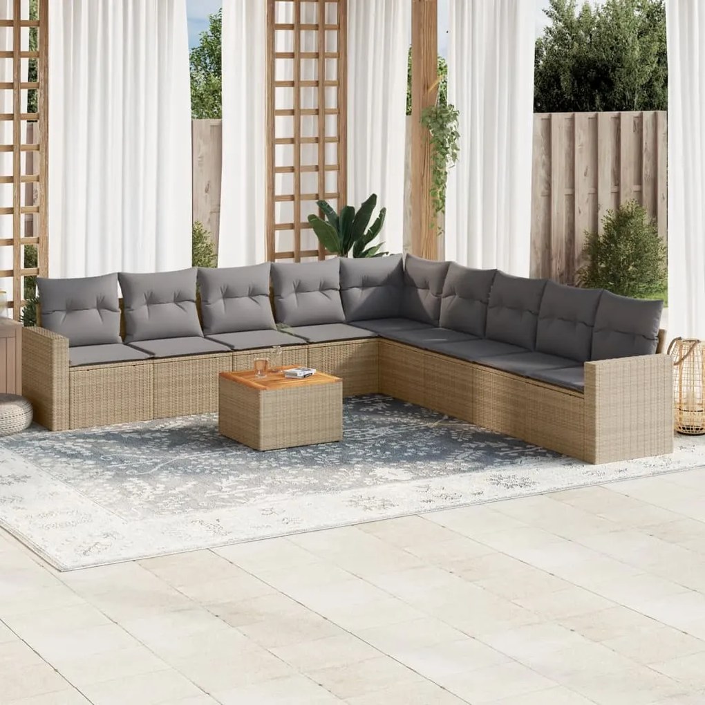 vidaXL 10 pcs conj. sofás jardim c/ almofadões vime PE bege misturado