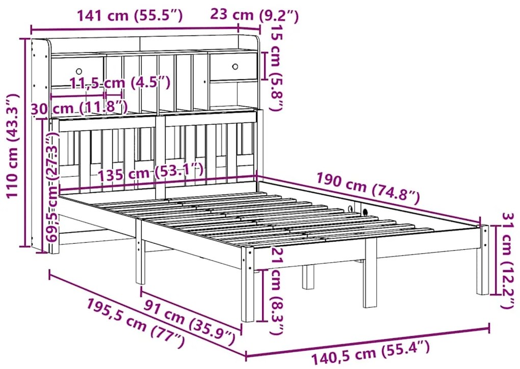 Cama com estante sem colchão 135x190 cm pinho maciço