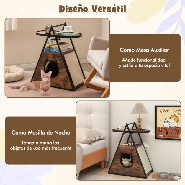 Armário para gatos caverna oculto com mesa de apoio Casa para gatos com 2 Estantes Estrutura em A Caverna para gatos Castanho