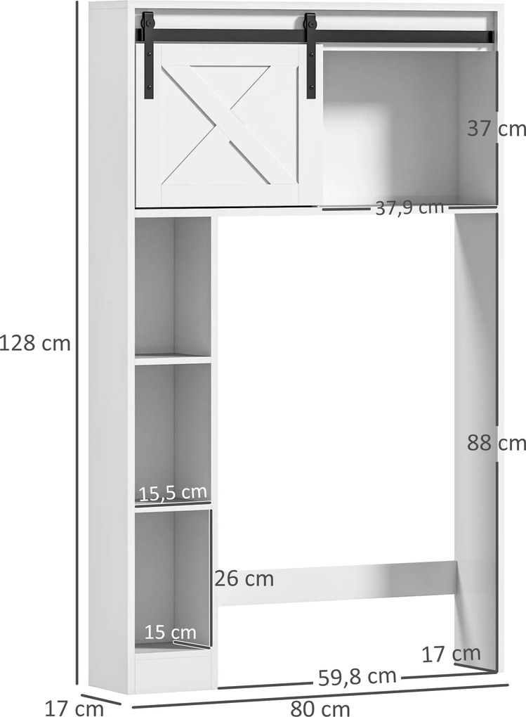 Móvel de arrumação 80 x 17 x 128 cm para colocar por cima da sanita com porta de correr, prateleira ajustável, branco
