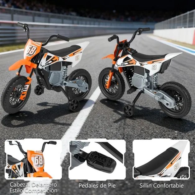 Mota elétrica para crianças 12V com rodas de treino removíveis e suspensão com molas Laranja