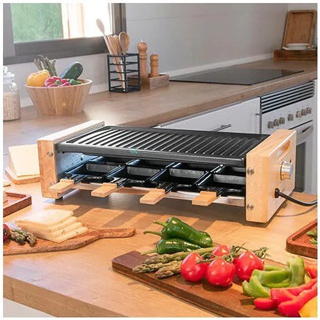 Raclette de madeira Cheese&Grill 8200 Wood Black,Com estrutura de madeira, termóstato ajustável e placa antiaderente e uma superfície de aço com reves