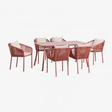 Conjunto De Mesa Retangular 160x90 Cm E 6 Cadeiras De Jantar Em Corda Trançada Arhiza Classic Terracota - Sklum