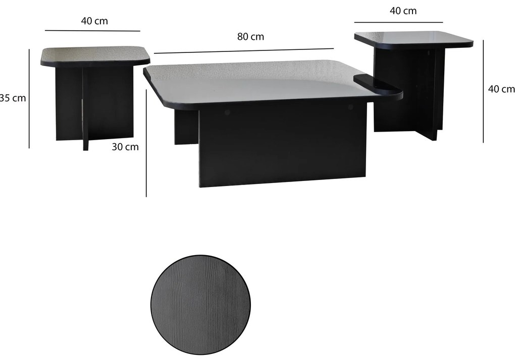 Conjunto de Mesas de Centro Jazz – Preto e Fumê – 80x30x80 cm, 40x35x4