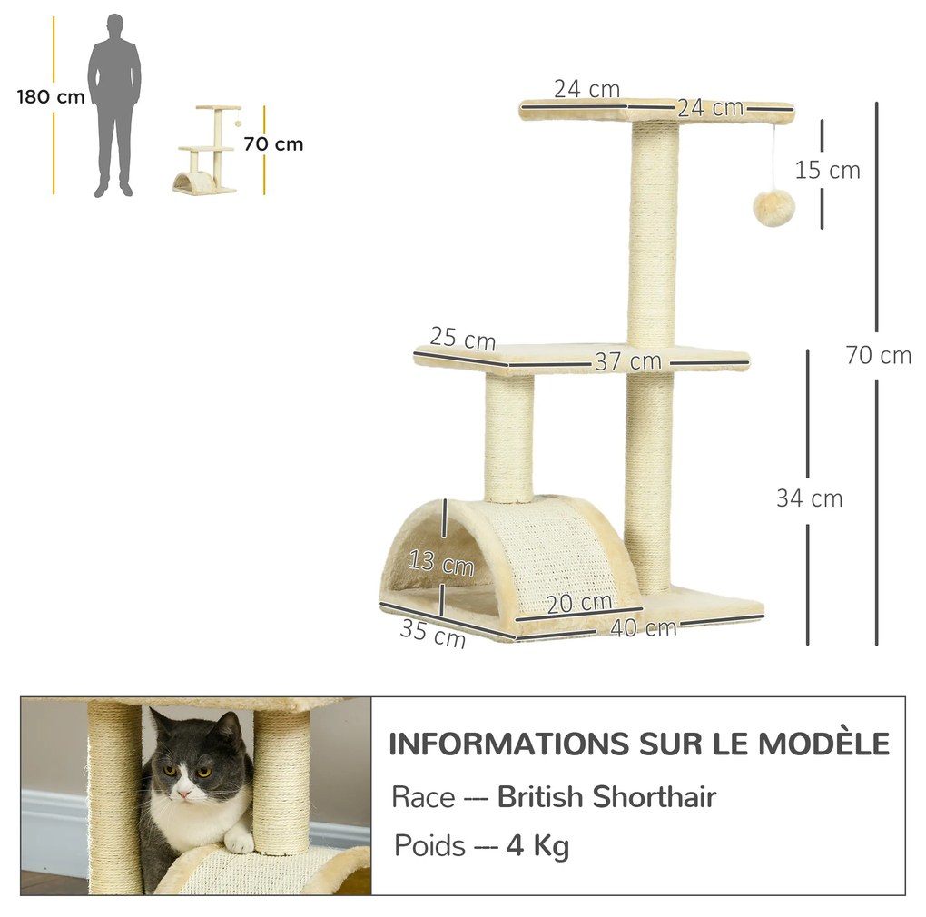 Arranhador para Gatos de 3 Níveis com Postes de Sisal Placa para Arranhar e Bola Suspensa 40x35x72 cm Creme