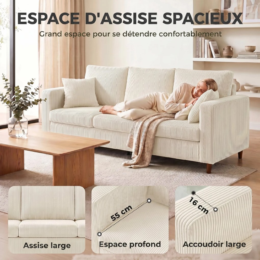 Sofá de 3 Lugares, 225 x 80 x 79 cm, Assento Extralargo, Creme