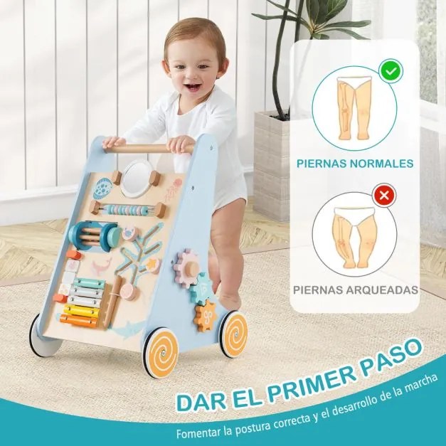 Andarilho de madeira para bebés Centro de atividades de aprendizagem para empurrar e puxar azul