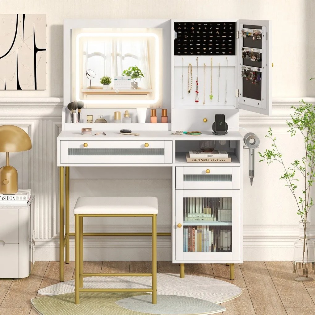 Penteadeira com iluminação LED, estação de carregamento e banqueta, penteadeira e armário para joias