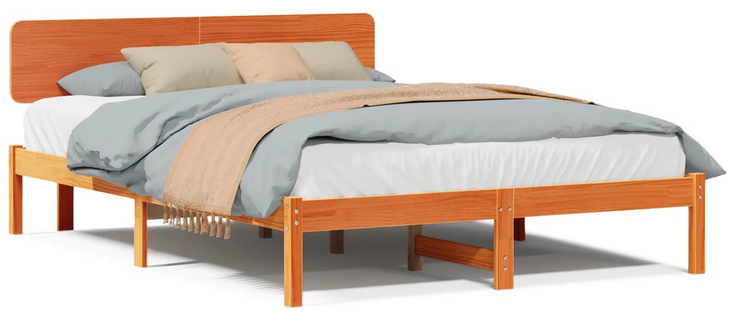 Estrado de Cama com Cabeceira Castanha Encerada 140x200 cm Madeira de