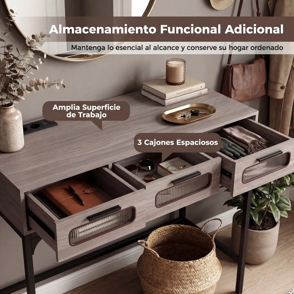 Mesa consola com luzes LED e estação de carregamento, 90 x 40 x 75 cm, com portas USB e gavetas, estreita, para sala, hall de entrada ou corredor, cin