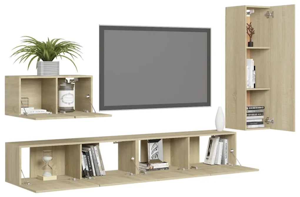 4pcs conjunto de móveis de TV derivados madeira carvalho sonoma