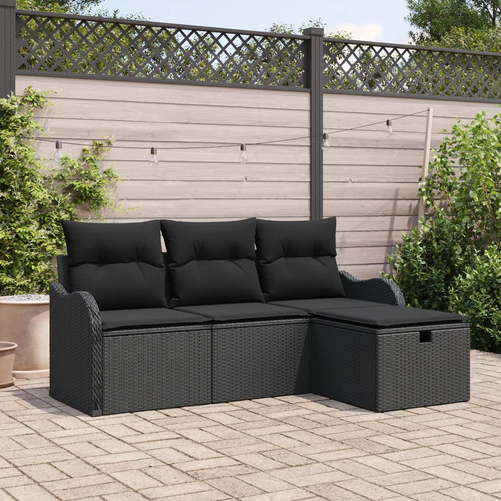 Conjunto de Sofá de Jardim vidaXL 4 Peças com Almofadas Pretas de Ratt