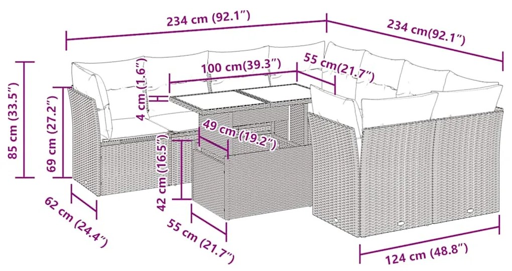 9 pcs conjunto sofás jardim almofadões vime PE/acácia cinzento