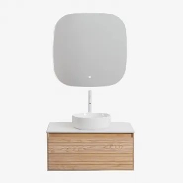 Conjunto De Móvel De Casa De Banho Suspenso 80x50 Cm Em Madeira De Freixo Tedrik Castanho Fresno & Cerâmica Redonda Branca Ø40 Cm - Sklum