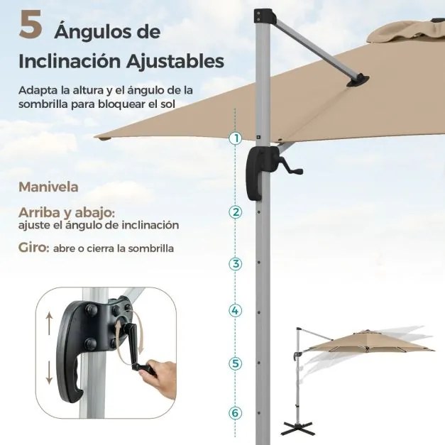 Guarda-sol jardim redondo de alumínio 339 cm com rotação de 360° e inclinação ajustável Resistente ao vento para jardim Piscina Terraço Bege