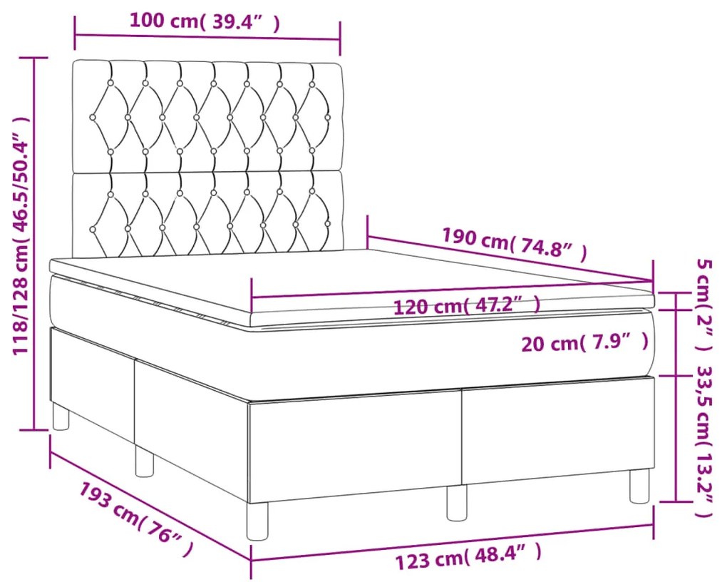 Cama boxspring com colchão 120x190 cm tecido cinzento-claro