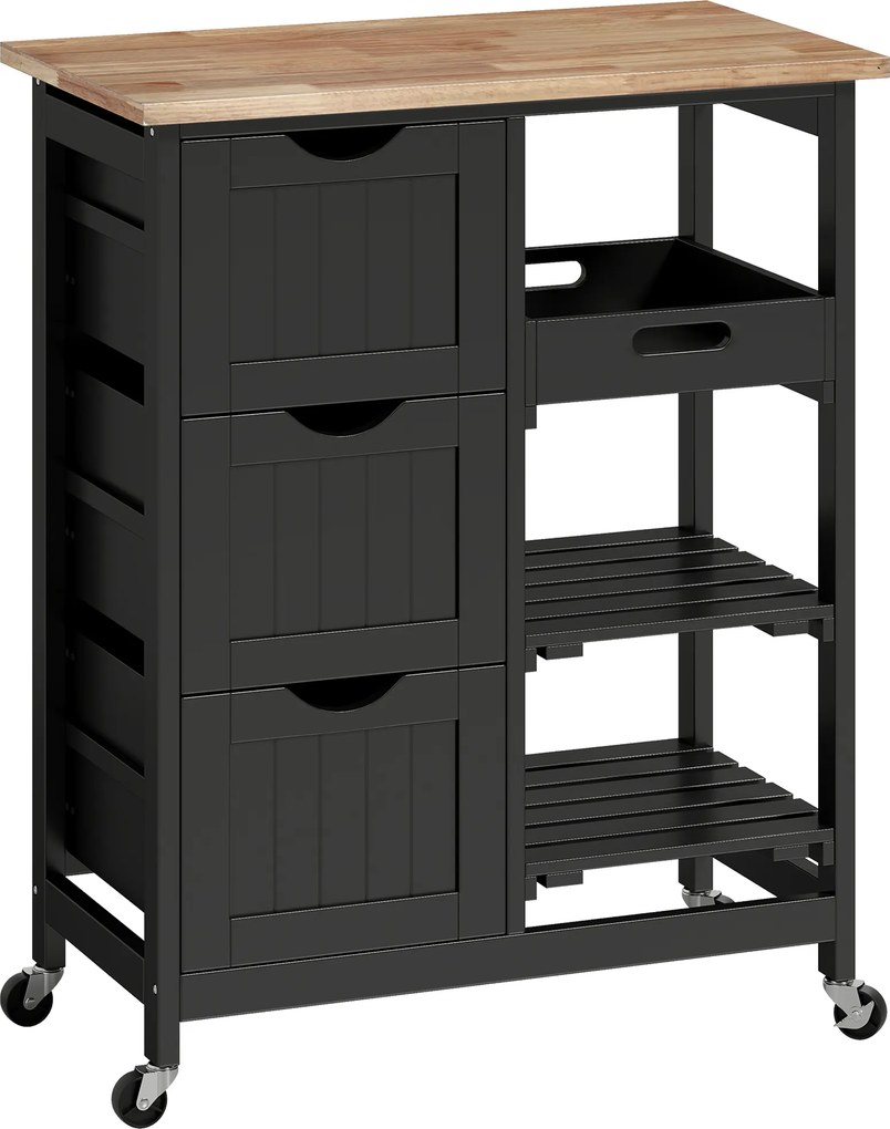 HOMCOM Carrinho de Cozinha com Rodas com 3 Gavetas 2 Prateleiras Abertas e Bandeja 67x37x85,5 cm Preto | Aosom Portugal