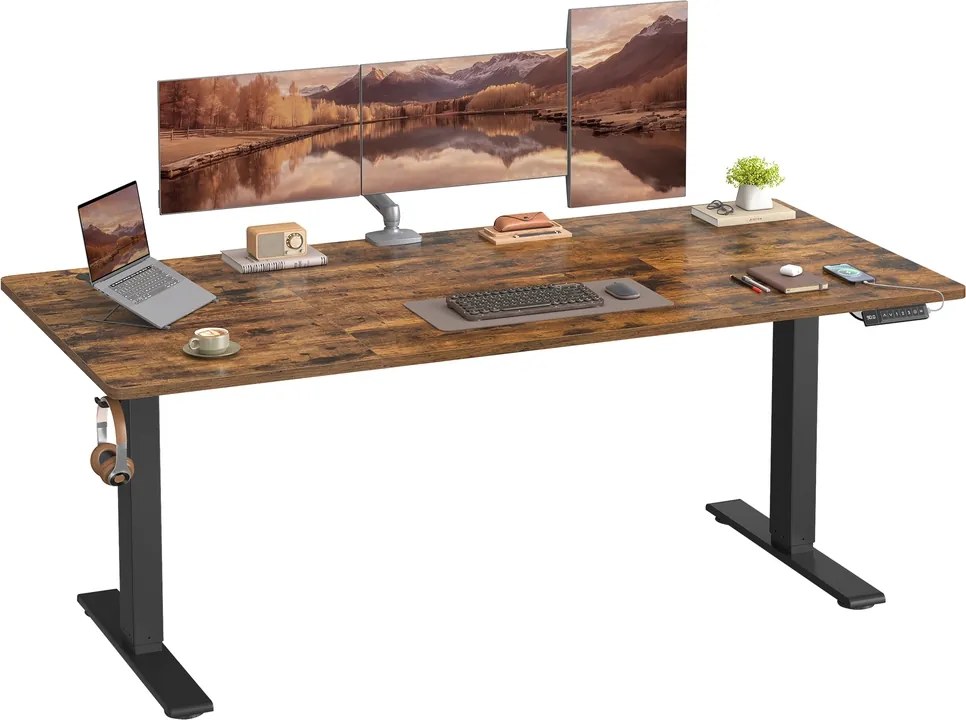 Secretária elétrica com regulação elétrica da altura, 180 x 80 x (72-120) cm, com porta USB-C castanho