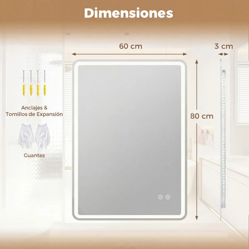 Espelho LED 80x60cm com luzes 3 cores antiembaciamento e luz regulável prateado