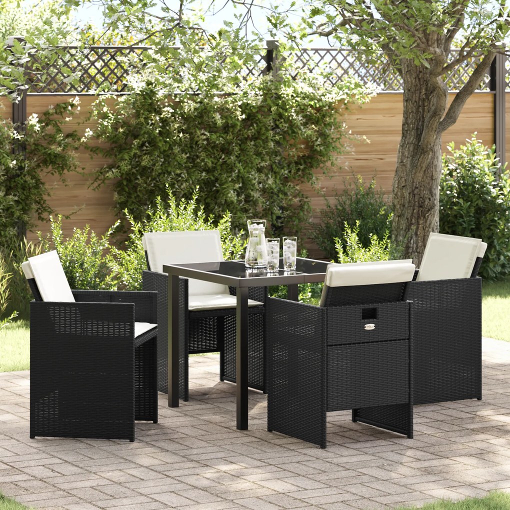 Conjunto de Jantar para Jardim vidaXL com Almofadas Preto Rattan Polié