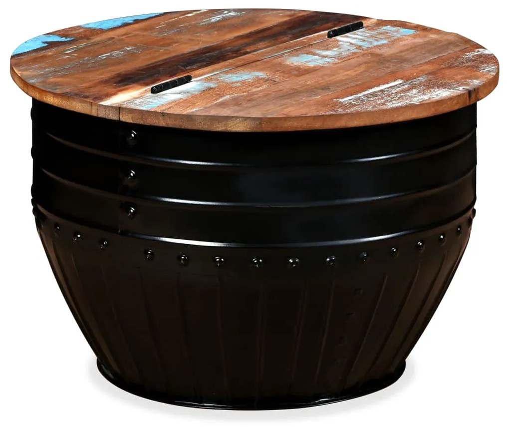 Mesa centro madeira reciclada maciça preta em forma de barril