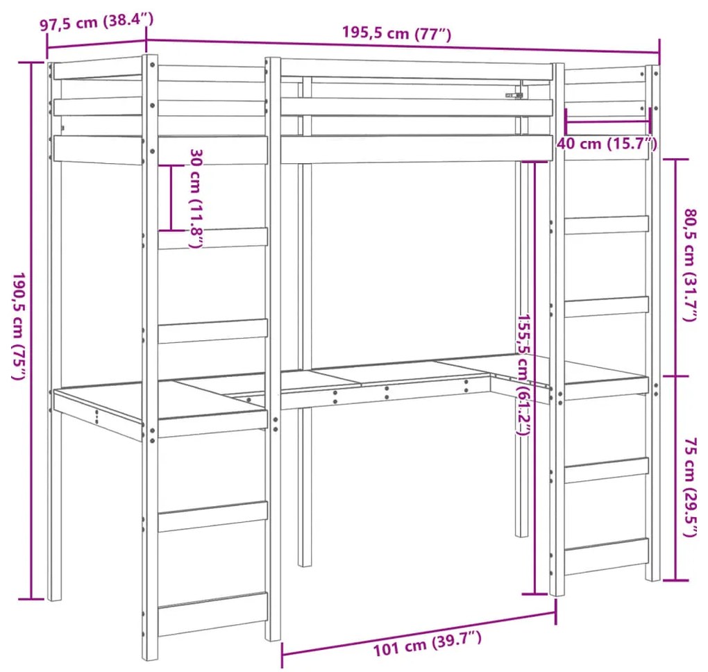 Cama alta sem colchão 90x190 cm pinho maciço branco